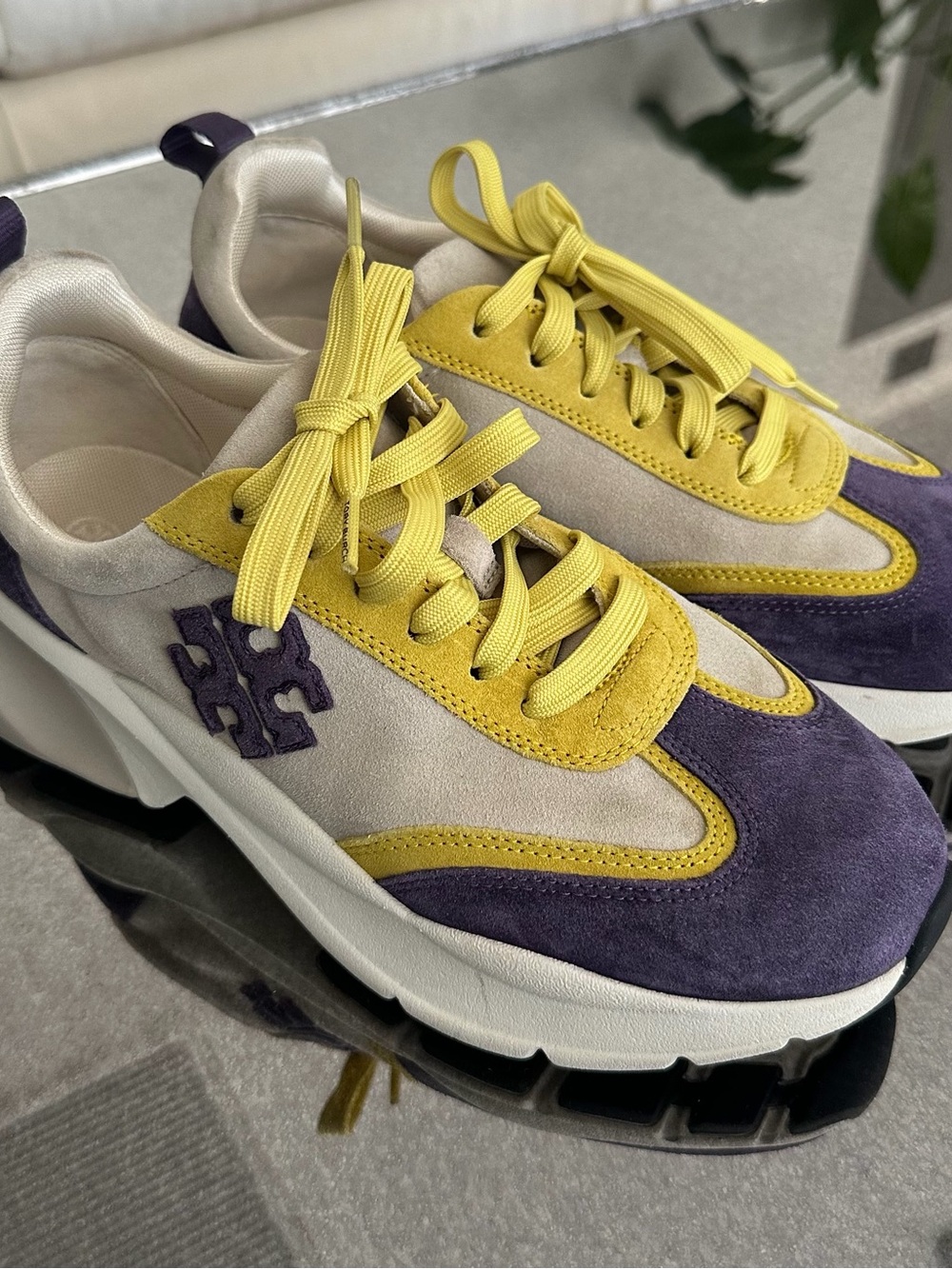 Tory Burch Good Luck Purple and Yellow Suede Platform Sneakers